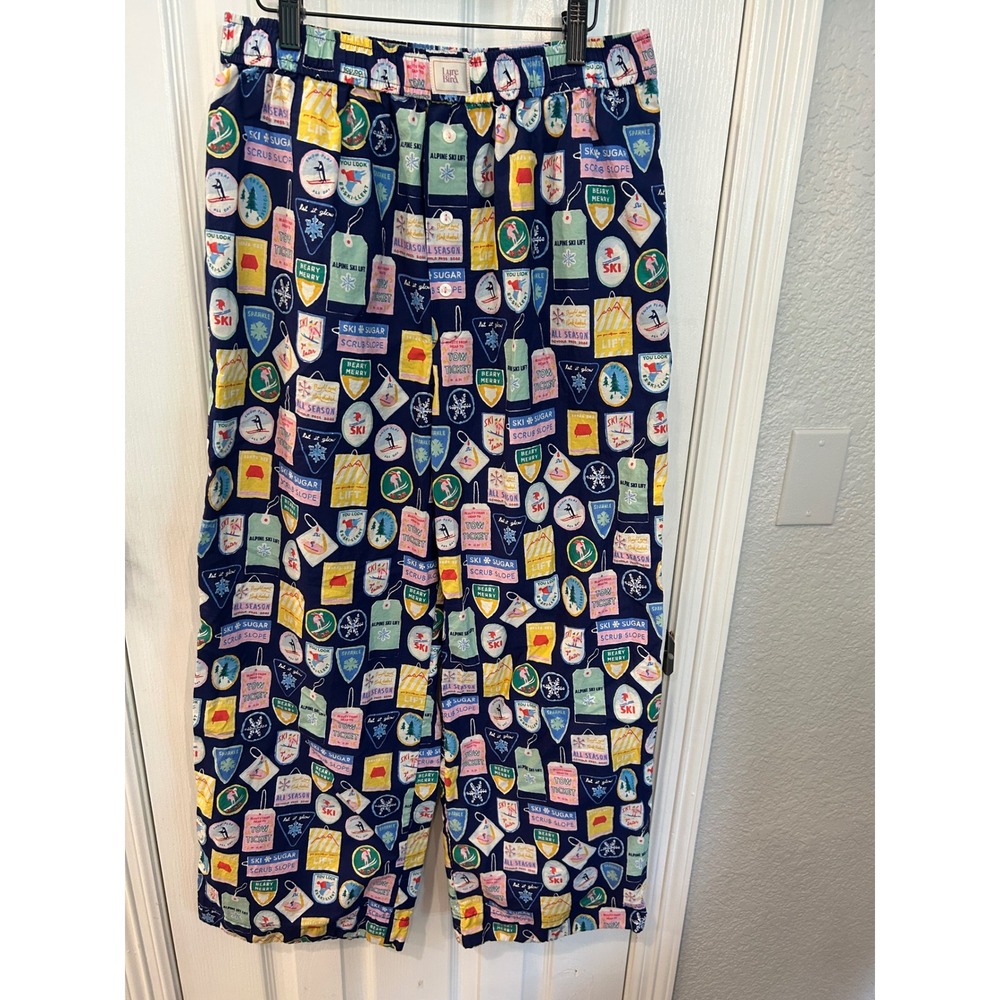Lyre Bird Pajama Pants Navy Blue Ski Pass Print Emily Taylor‎ Lounge Sleep bin D